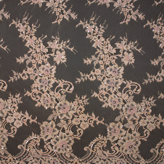 Haute Couture Lace | Embroidered Lace with Seed Beads, Sequins, Floral Sprays, Paisley & Double Border | FRI2211