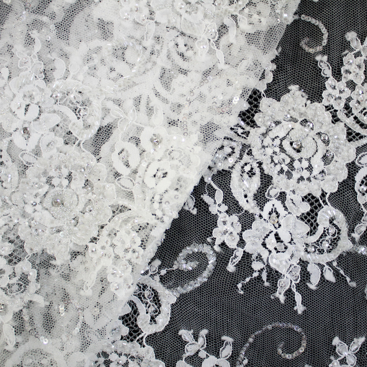 Haute Couture Lace | Embroidered Lace with Seed Beads, Rhinestones, Sequins, Zig-Zag Floral Motifs & Double Border | FRI2212