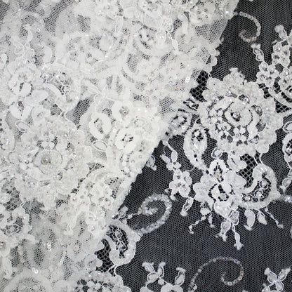 Haute Couture Lace | Embroidered Lace with Seed Beads, Rhinestones, Sequins, Zig-Zag Floral Motifs & Double Border | FRI2212
