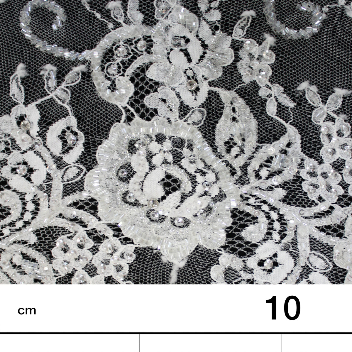 Haute Couture Lace | Embroidered Lace with Seed Beads, Rhinestones, Sequins, Zig-Zag Floral Motifs & Double Border | FRI2212