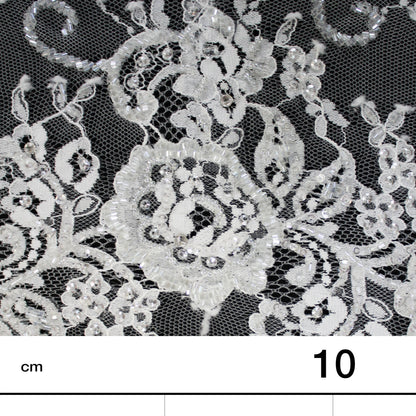 Haute Couture Lace | Embroidered Lace with Seed Beads, Rhinestones, Sequins, Zig-Zag Floral Motifs & Double Border | FRI2212
