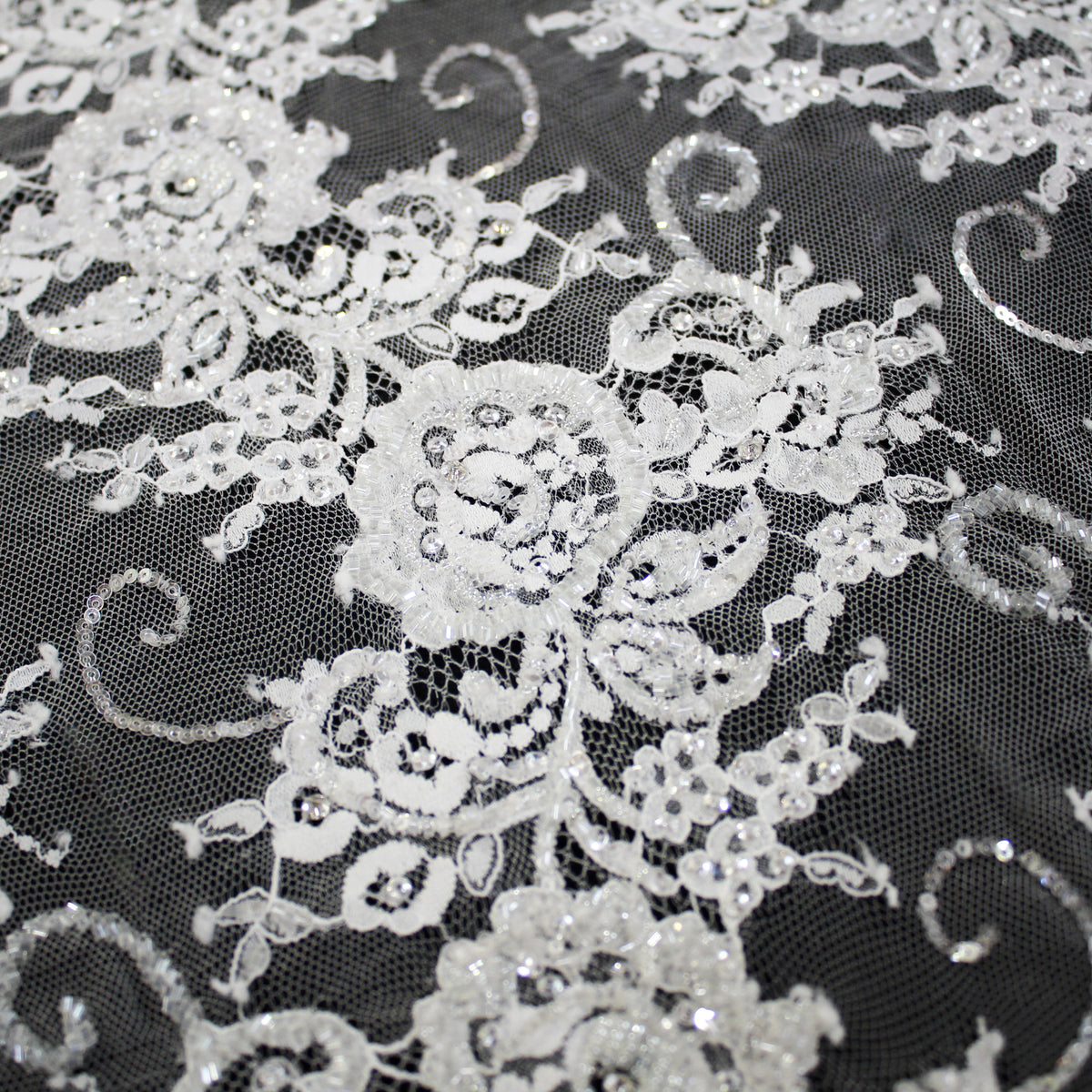 Haute Couture Lace | Embroidered Lace with Seed Beads, Rhinestones, Sequins, Zig-Zag Floral Motifs & Double Border | FRI2212