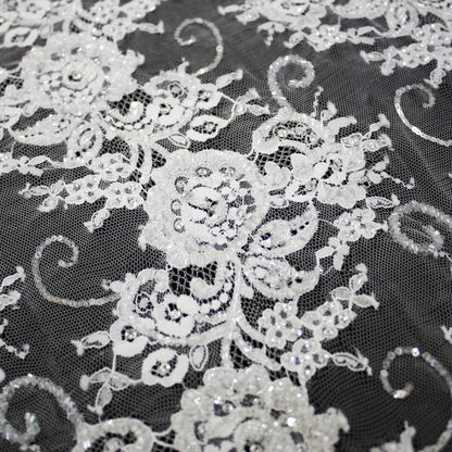 Haute Couture Lace | Embroidered Lace with Seed Beads, Rhinestones, Sequins, Zig-Zag Floral Motifs & Double Border | FRI2212