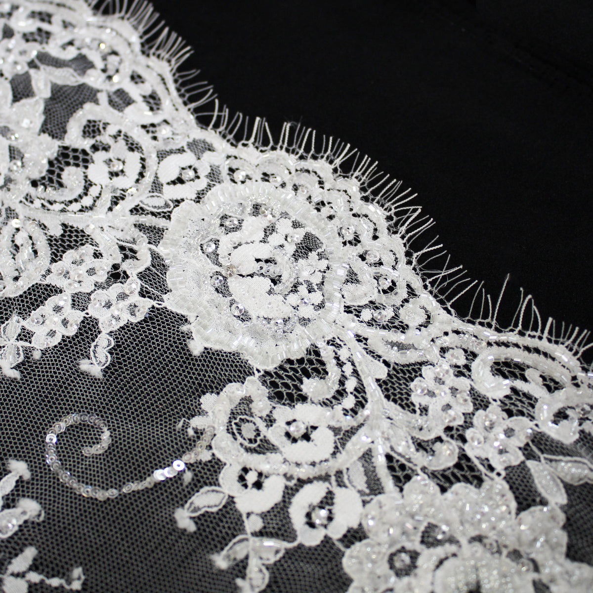 Haute Couture Lace | Embroidered Lace with Seed Beads, Rhinestones, Sequins, Zig-Zag Floral Motifs & Double Border | FRI2212