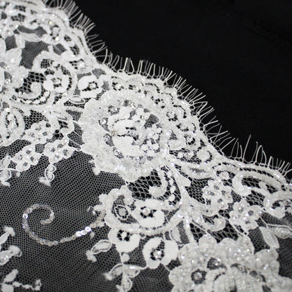 Haute Couture Lace | Embroidered Lace with Seed Beads, Rhinestones, Sequins, Zig-Zag Floral Motifs & Double Border | FRI2212