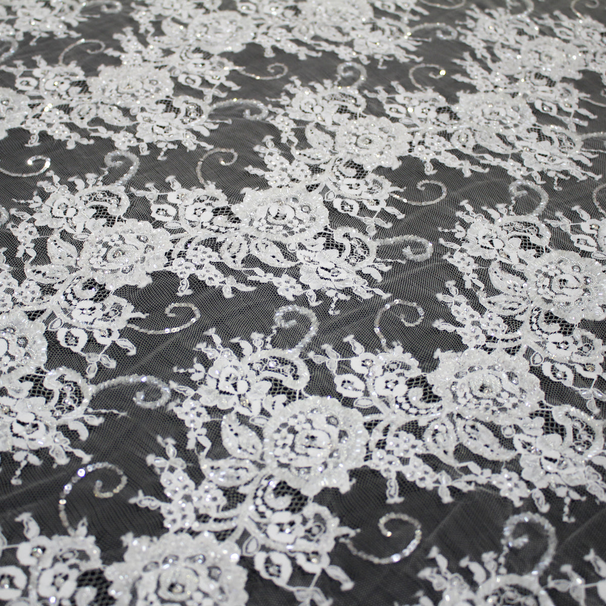 Haute Couture Lace | Embroidered Lace with Seed Beads, Rhinestones, Sequins, Zig-Zag Floral Motifs & Double Border | FRI2212