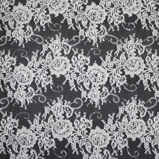 Haute Couture Lace | Embroidered Lace with Seed Beads, Rhinestones, Sequins, Zig-Zag Floral Motifs & Double Border | FRI2212