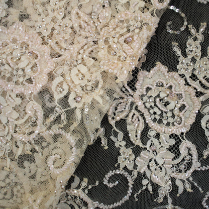 Haute Couture Lace | Embroidered Lace with Seed Beads, Rhinestones, Sequins, Zig-Zag Floral Motifs & Double Border | FRI2212
