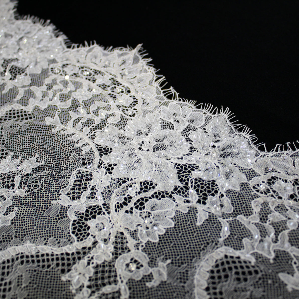 Haute Couture Lace | Bridal All-Over Embroidered Lace with Seed Beads, Sequins, Floral Bouquets & Double Border | FRI1508
