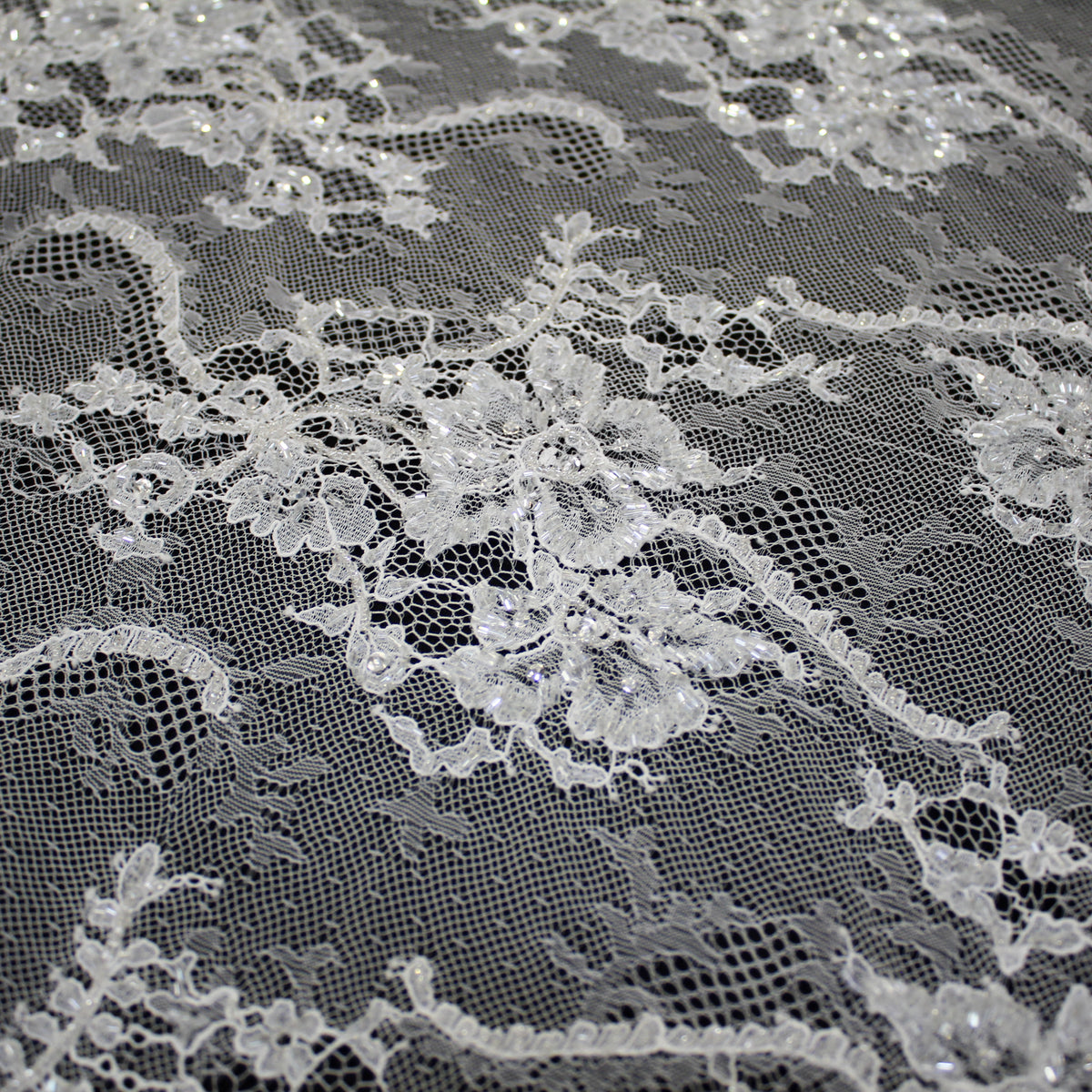 Haute Couture Lace | Bridal All-Over Embroidered Lace with Seed Beads, Sequins, Floral Bouquets & Double Border | FRI1508