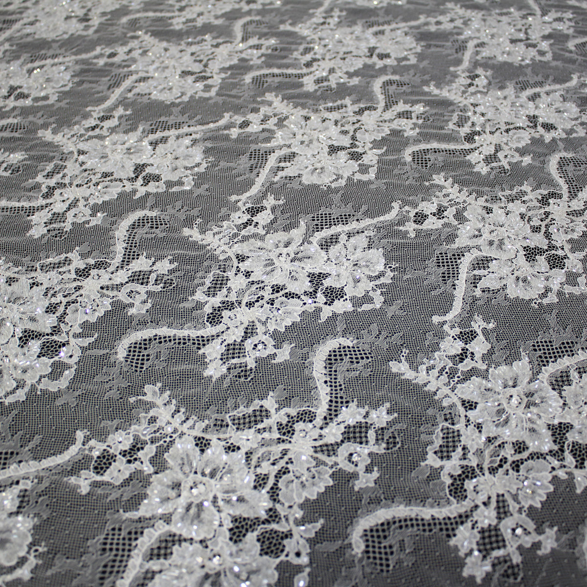 Haute Couture Lace | Bridal All-Over Embroidered Lace with Seed Beads, Sequins, Floral Bouquets & Double Border | FRI1508