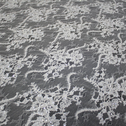 Haute Couture Lace | Bridal All-Over Embroidered Lace with Seed Beads, Sequins, Floral Bouquets & Double Border | FRI1508