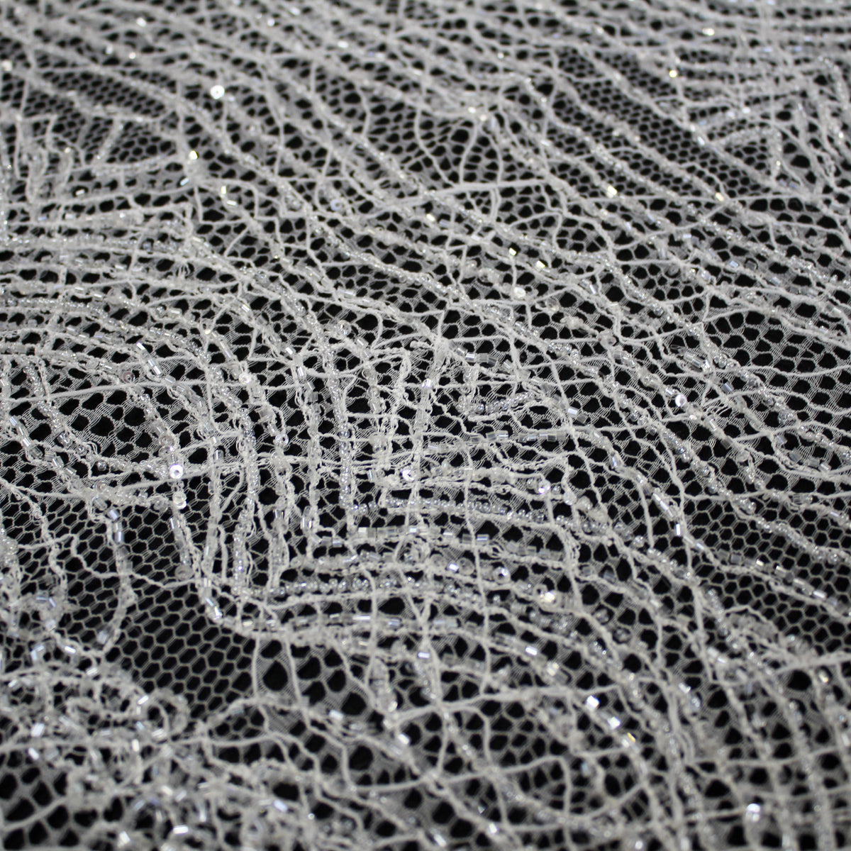 Haute Couture Lace | Bridal All-Over Embroidered Lace with Seed Beads, Sequins, Geometric Abstract Interlaced Lines & Double Border | FRI4115