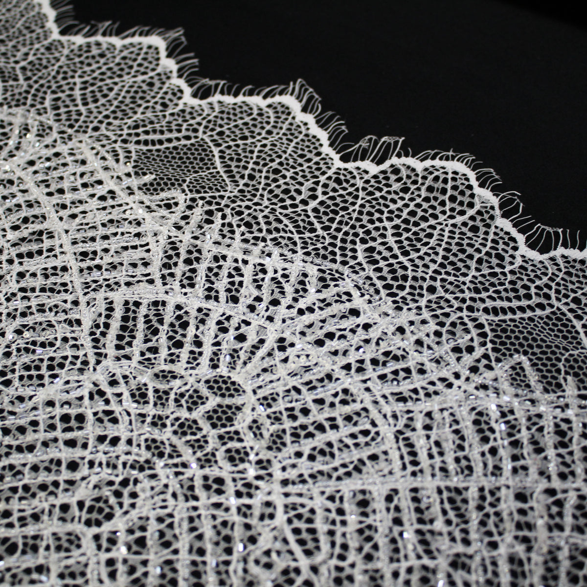 Haute Couture Lace | Bridal All-Over Embroidered Lace with Seed Beads, Sequins, Geometric Abstract Interlaced Lines & Double Border | FRI4115