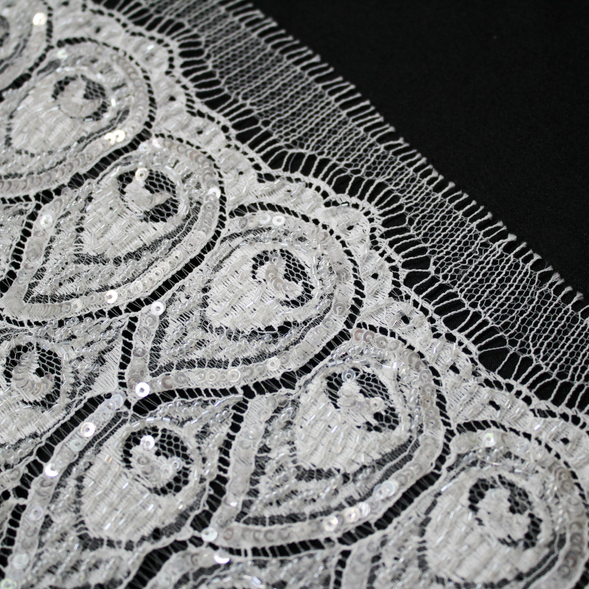 Haute Couture Lace | Bridal All-Over Embroidered Lace with Sequins, Seed Beads, Art Nouveau Peacock Feathers, Scale Motifs & Double Scallop | FRI3230