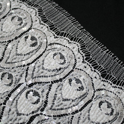 Haute Couture Lace | Bridal All-Over Embroidered Lace with Sequins, Seed Beads, Art Nouveau Peacock Feathers, Scale Motifs & Double Scallop | FRI3230