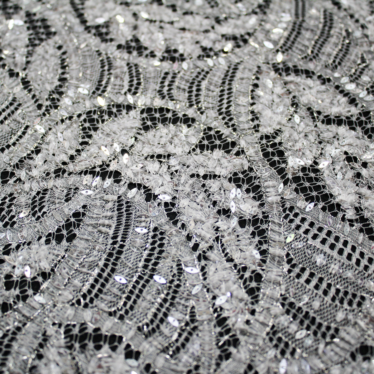 Haute Couture Lace | Bridal All-Over Embroidered Lace with Sequins, Wavy Leaf Motifs, Abstract Design & Double Scallop | FRI3337