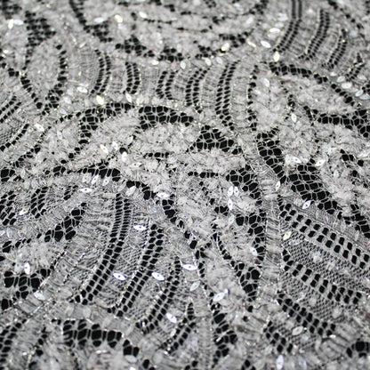 Haute Couture Lace | Bridal All-Over Embroidered Lace with Sequins, Wavy Leaf Motifs, Abstract Design & Double Scallop | FRI3337