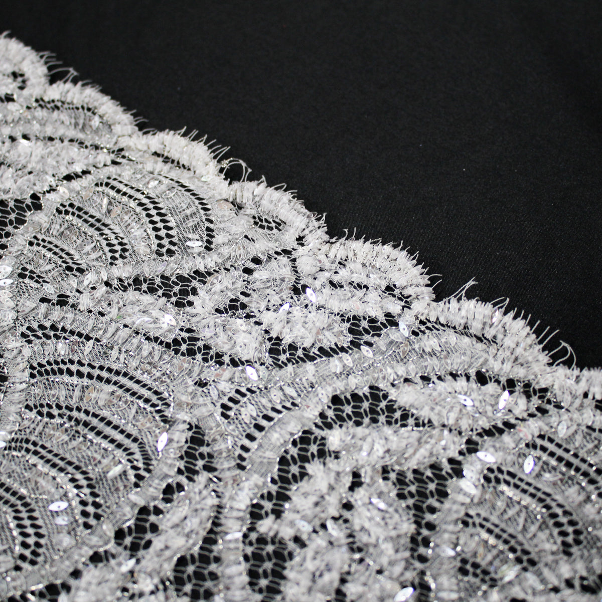 Haute Couture Lace | Bridal All-Over Embroidered Lace with Sequins, Wavy Leaf Motifs, Abstract Design & Double Scallop | FRI3337