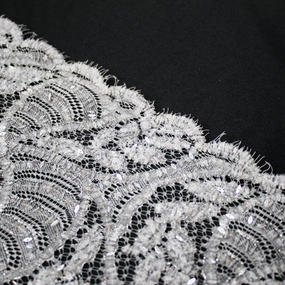 Haute Couture Lace | Bridal All-Over Embroidered Lace with Sequins, Wavy Leaf Motifs, Abstract Design & Double Scallop | FRI3337