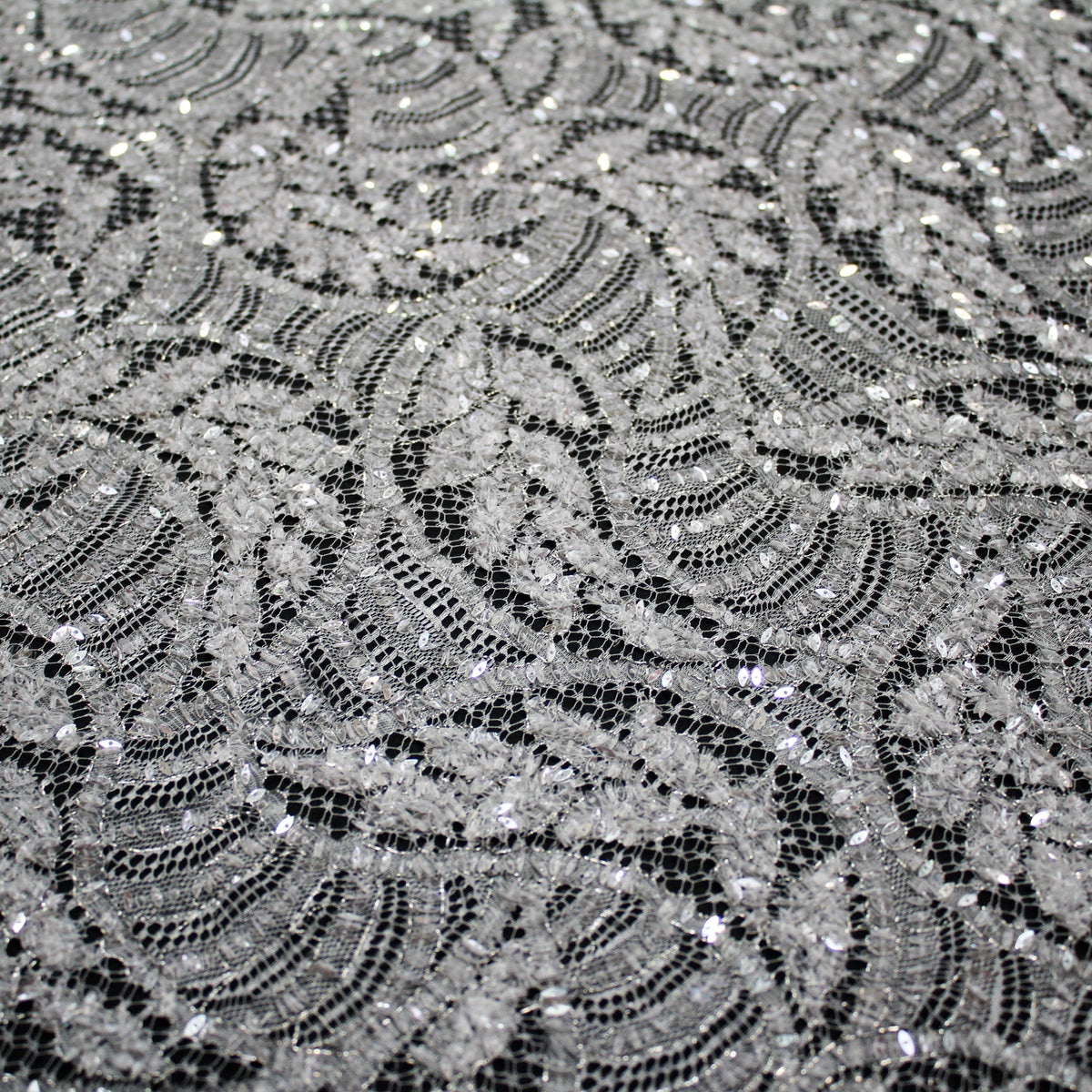 Haute Couture Lace | Bridal All-Over Embroidered Lace with Sequins, Wavy Leaf Motifs, Abstract Design & Double Scallop | FRI3337