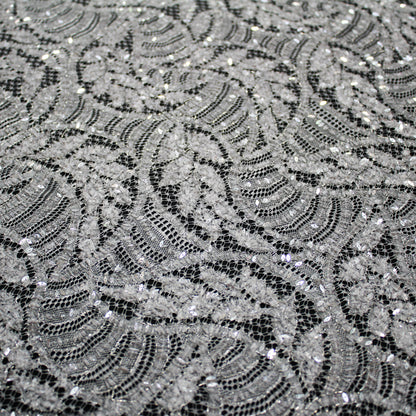 Haute Couture Lace | Bridal All-Over Embroidered Lace with Sequins, Wavy Leaf Motifs, Abstract Design & Double Scallop | FRI3337