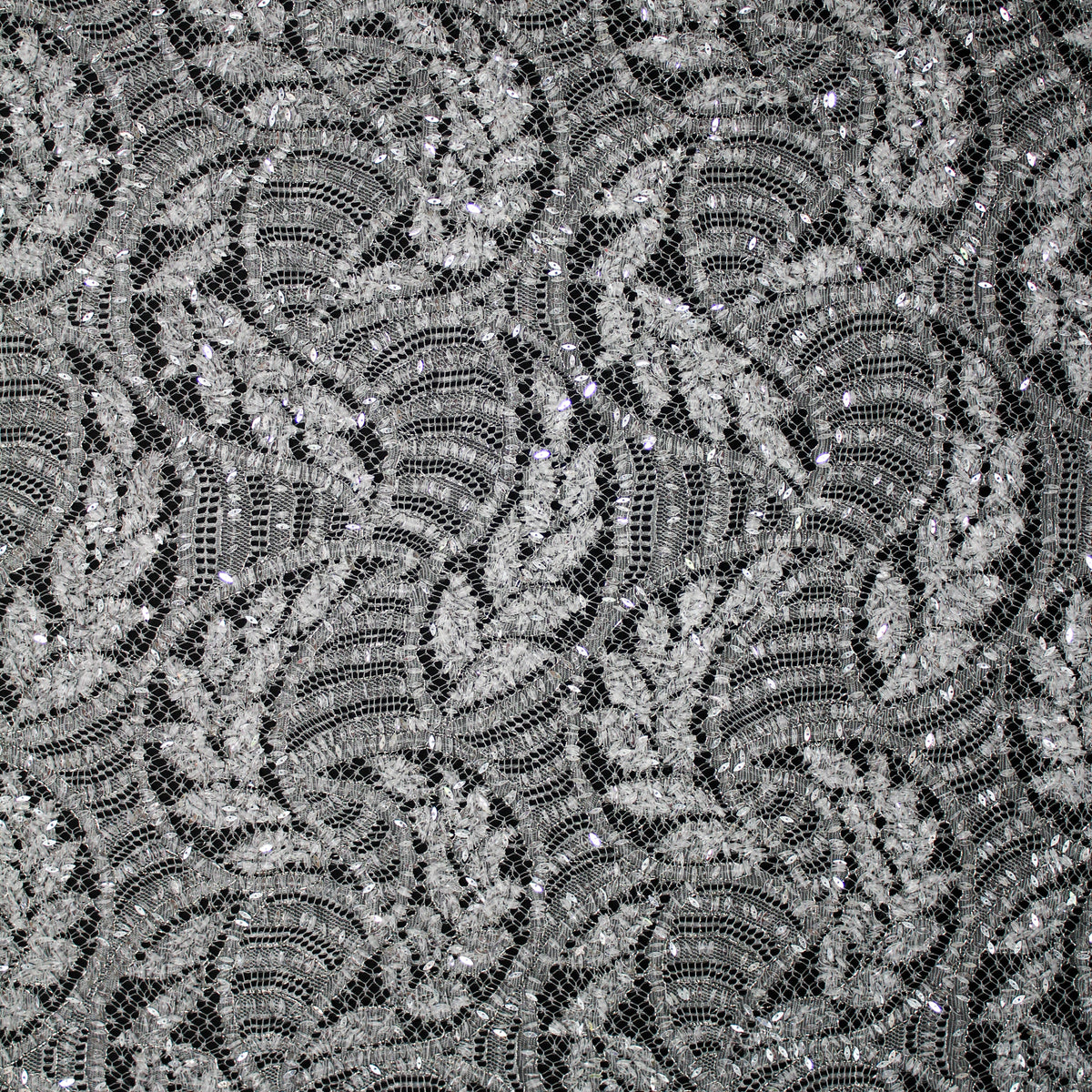 Haute Couture Lace | Bridal All-Over Embroidered Lace with Sequins, Wavy Leaf Motifs, Abstract Design & Double Scallop | FRI3337