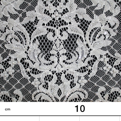 Pizzo Alta Moda | Pizzo Ricamato Sposa a Campo Pieno con Perline, Paillettes, Corallini, Motivo Arabesco e Doppio Smerlo | FRI2706