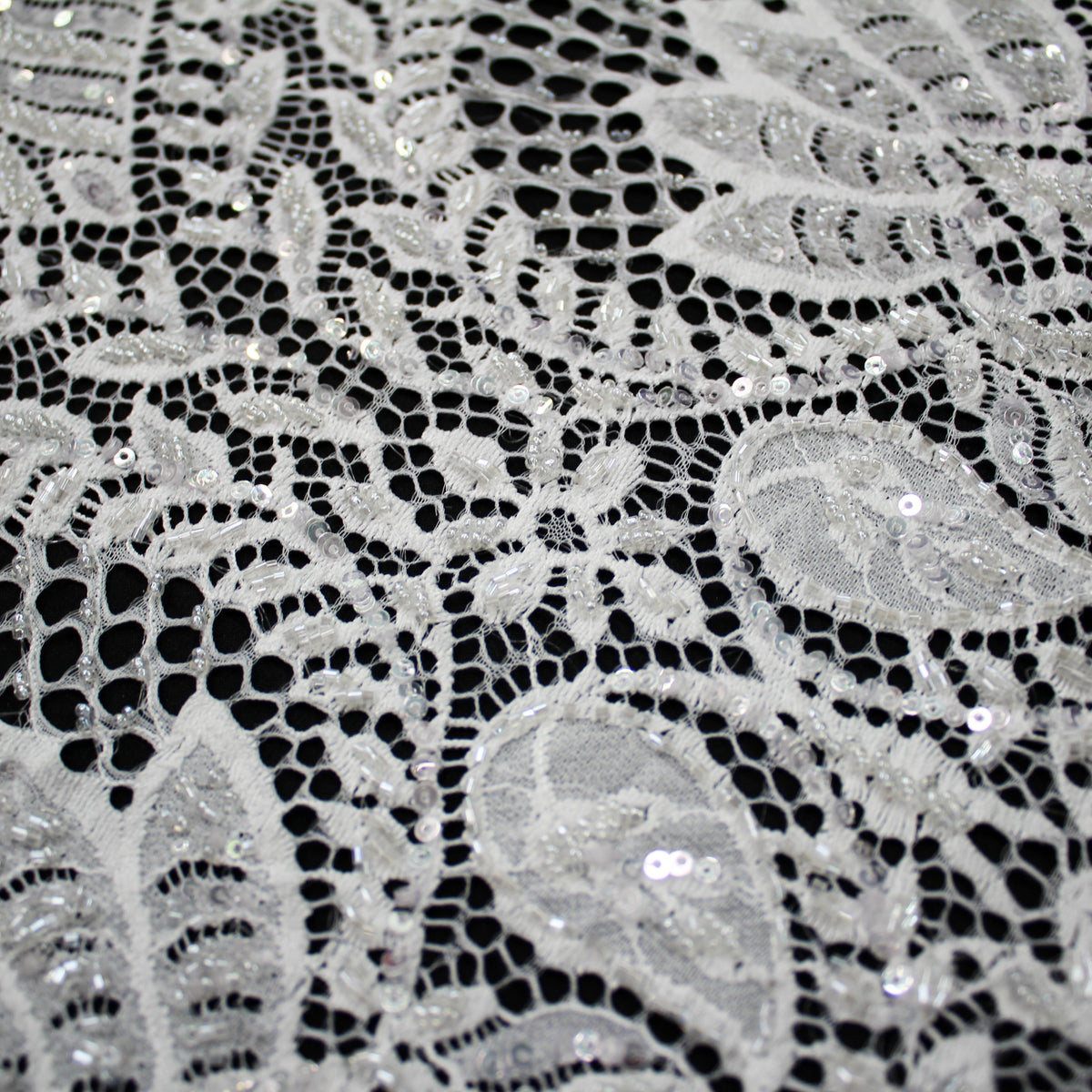 Haute Couture Lace | Bridal All-Over Embroidered Lace with Pearls, Sequins, Abstract Arabesque Framework, Leaf Crowns & Double Scallop | FRI3983