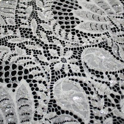 Haute Couture Lace | Bridal All-Over Embroidered Lace with Pearls, Sequins, Abstract Arabesque Framework, Leaf Crowns & Double Scallop | FRI3983
