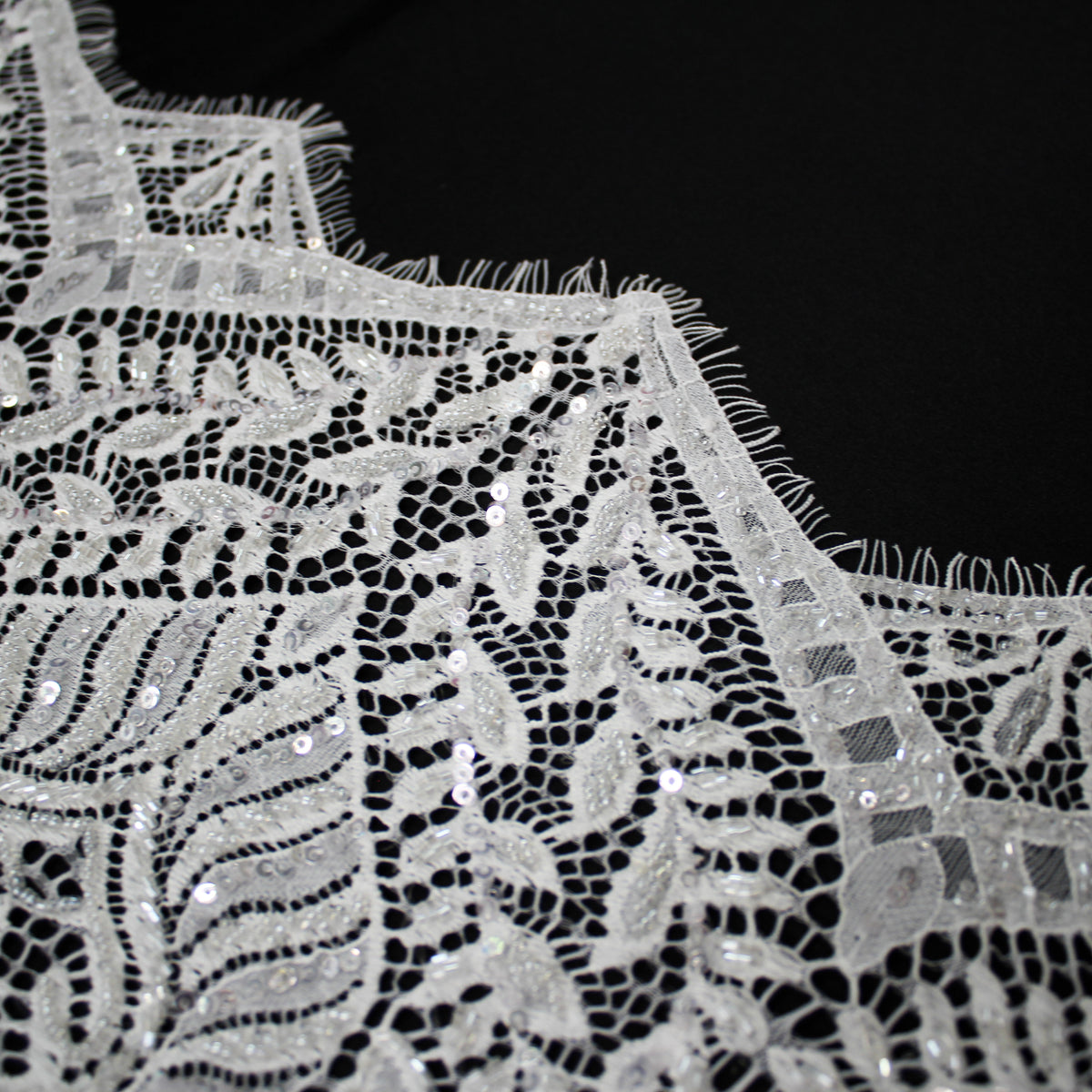 Haute Couture Lace | Bridal All-Over Embroidered Lace with Pearls, Sequins, Abstract Arabesque Framework, Leaf Crowns & Double Scallop | FRI3983