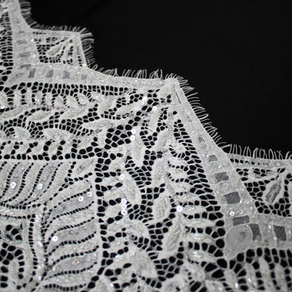 Haute Couture Lace | Bridal All-Over Embroidered Lace with Pearls, Sequins, Abstract Arabesque Framework, Leaf Crowns & Double Scallop | FRI3983