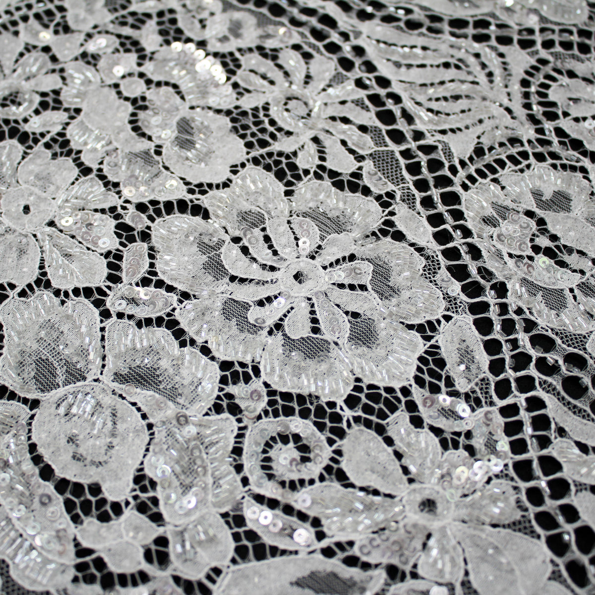 Haute Couture Lace | Bridal All-Over Embroidered Lace with Pearls, Sequins, Heart-Shaped Lattice, Floral Motifs & Double Scallop | FRI3908