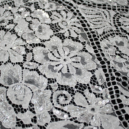 Haute Couture Lace | Bridal All-Over Embroidered Lace with Pearls, Sequins, Heart-Shaped Lattice, Floral Motifs & Double Scallop | FRI3908