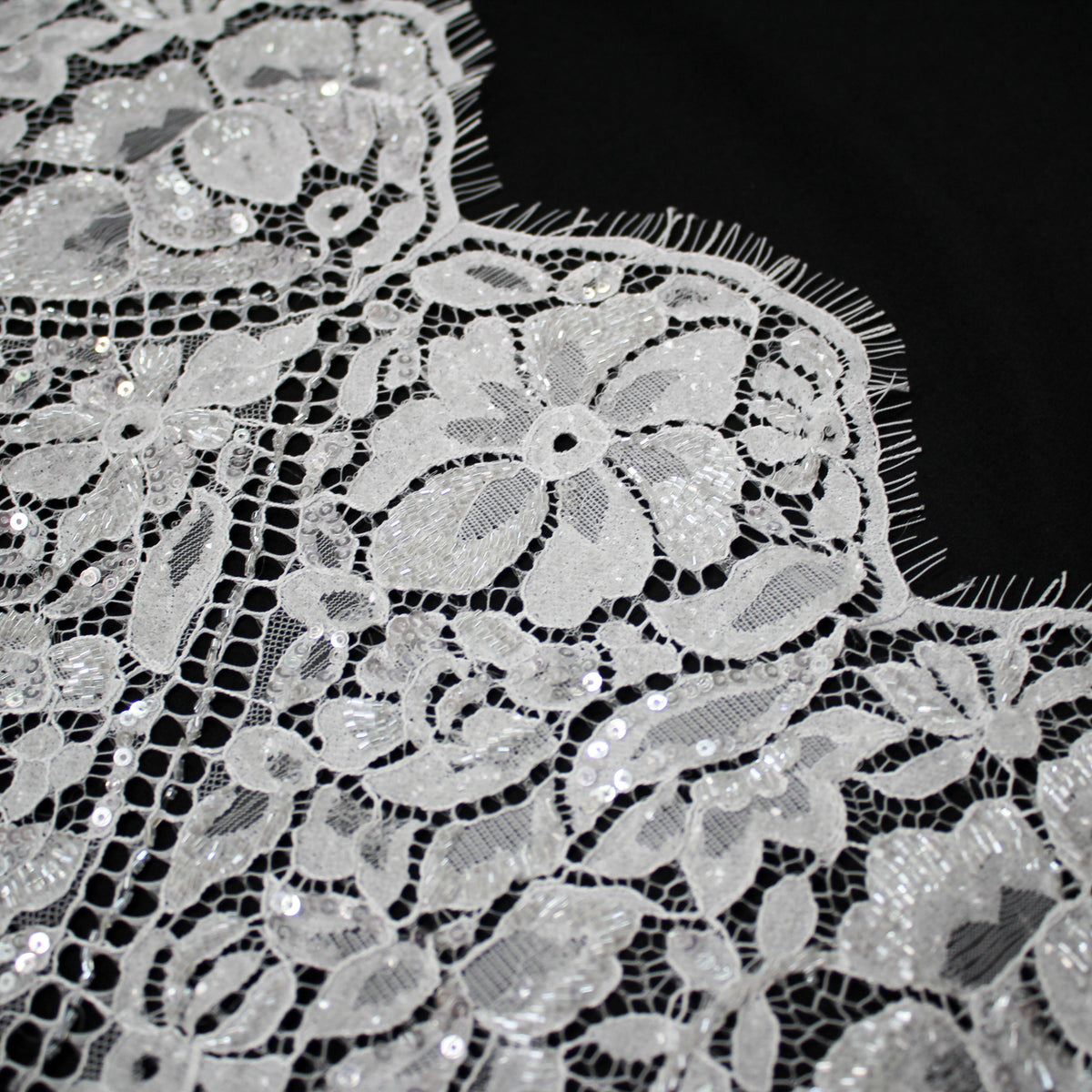 Haute Couture Lace | Bridal All-Over Embroidered Lace with Pearls, Sequins, Heart-Shaped Lattice, Floral Motifs & Double Scallop | FRI3908
