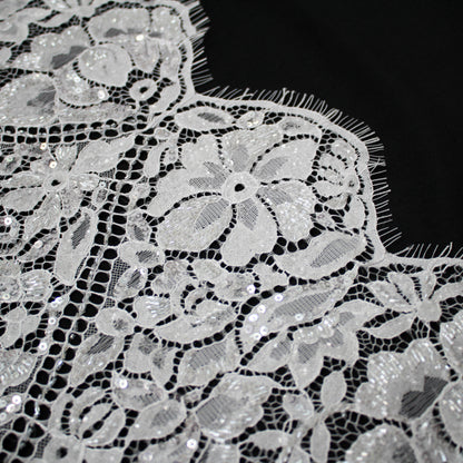 Haute Couture Lace | Bridal All-Over Embroidered Lace with Pearls, Sequins, Heart-Shaped Lattice, Floral Motifs & Double Scallop | FRI3908