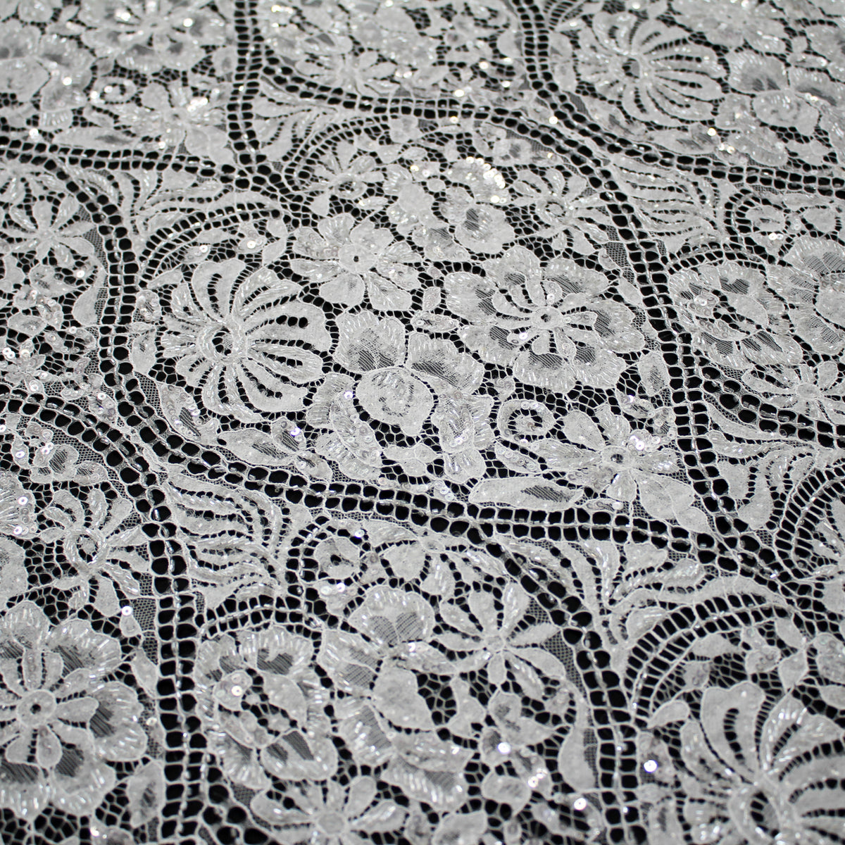 Haute Couture Lace | Bridal All-Over Embroidered Lace with Pearls, Sequins, Heart-Shaped Lattice, Floral Motifs & Double Scallop | FRI3908