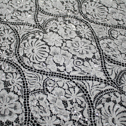 Haute Couture Lace | Bridal All-Over Embroidered Lace with Pearls, Sequins, Heart-Shaped Lattice, Floral Motifs & Double Scallop | FRI3908
