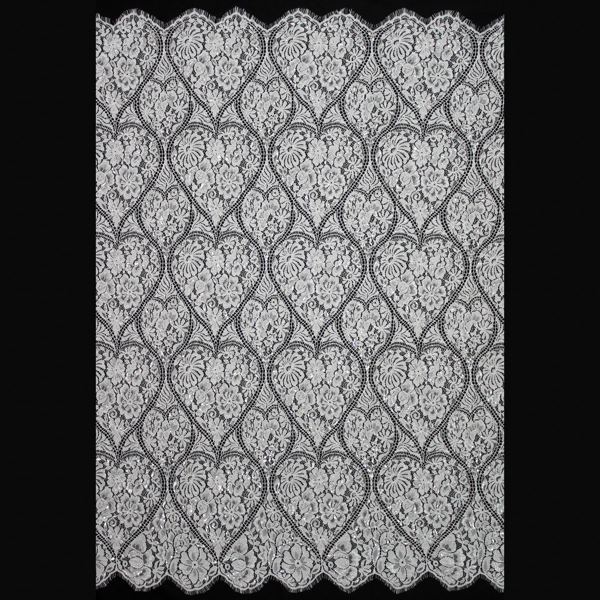 Haute Couture Lace | Bridal All-Over Embroidered Lace with Pearls, Sequins, Heart-Shaped Lattice, Floral Motifs & Double Scallop | FRI3908