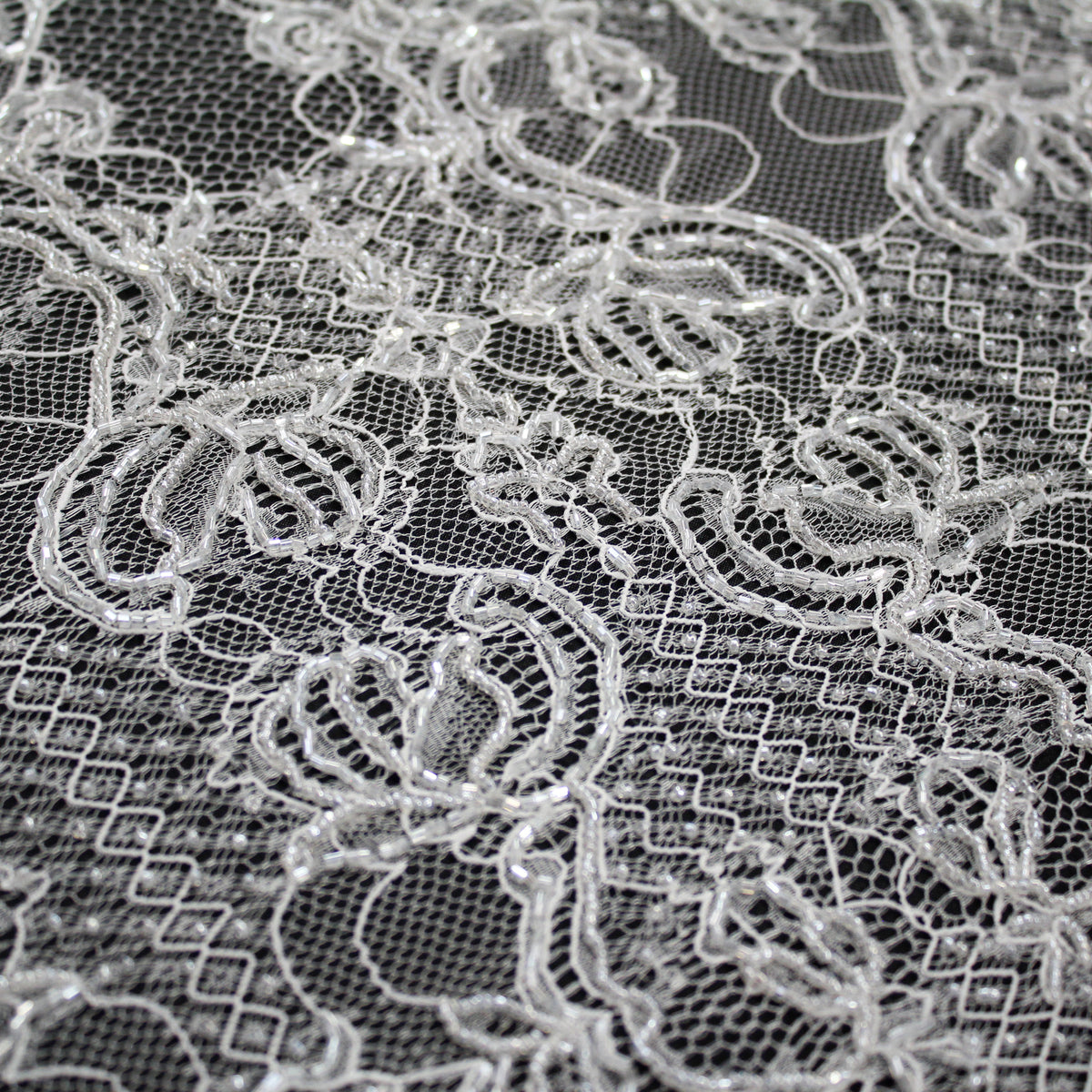 Haute Couture Lace | Bridal Embroidered Lace with Seed Beads, Sequins, Arabesque Scroll Motifs & Double Border | FRI3770