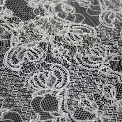 Haute Couture Lace | Bridal Embroidered Lace with Seed Beads, Sequins, Arabesque Scroll Motifs & Double Border | FRI3770
