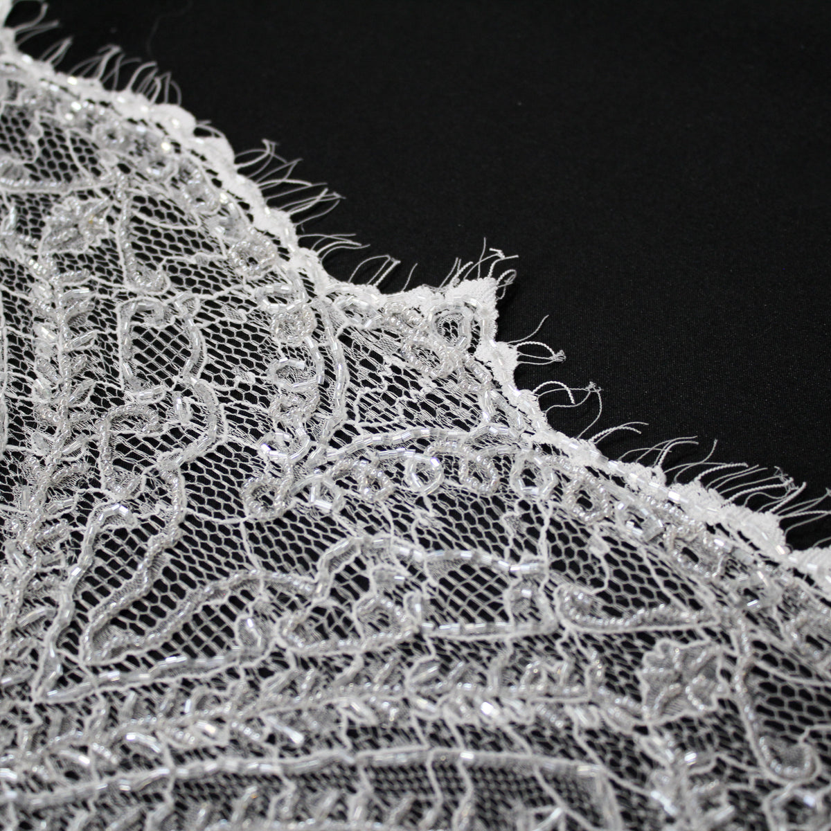 Haute Couture Lace | Bridal Embroidered Lace with Seed Beads, Sequins, Arabesque Scroll Motifs & Double Border | FRI3770