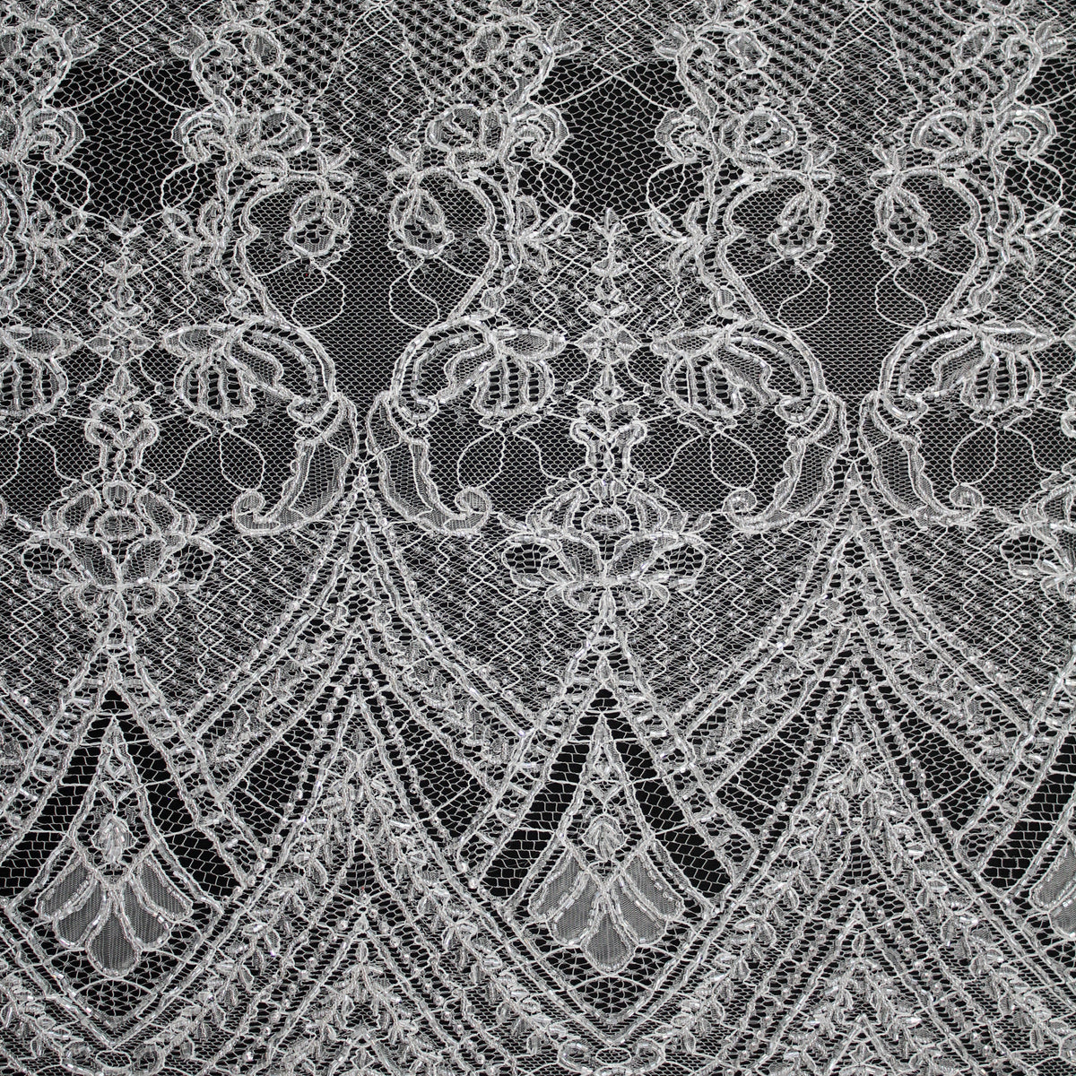 Haute Couture Lace | Bridal Embroidered Lace with Seed Beads, Sequins, Arabesque Scroll Motifs & Double Border | FRI3770