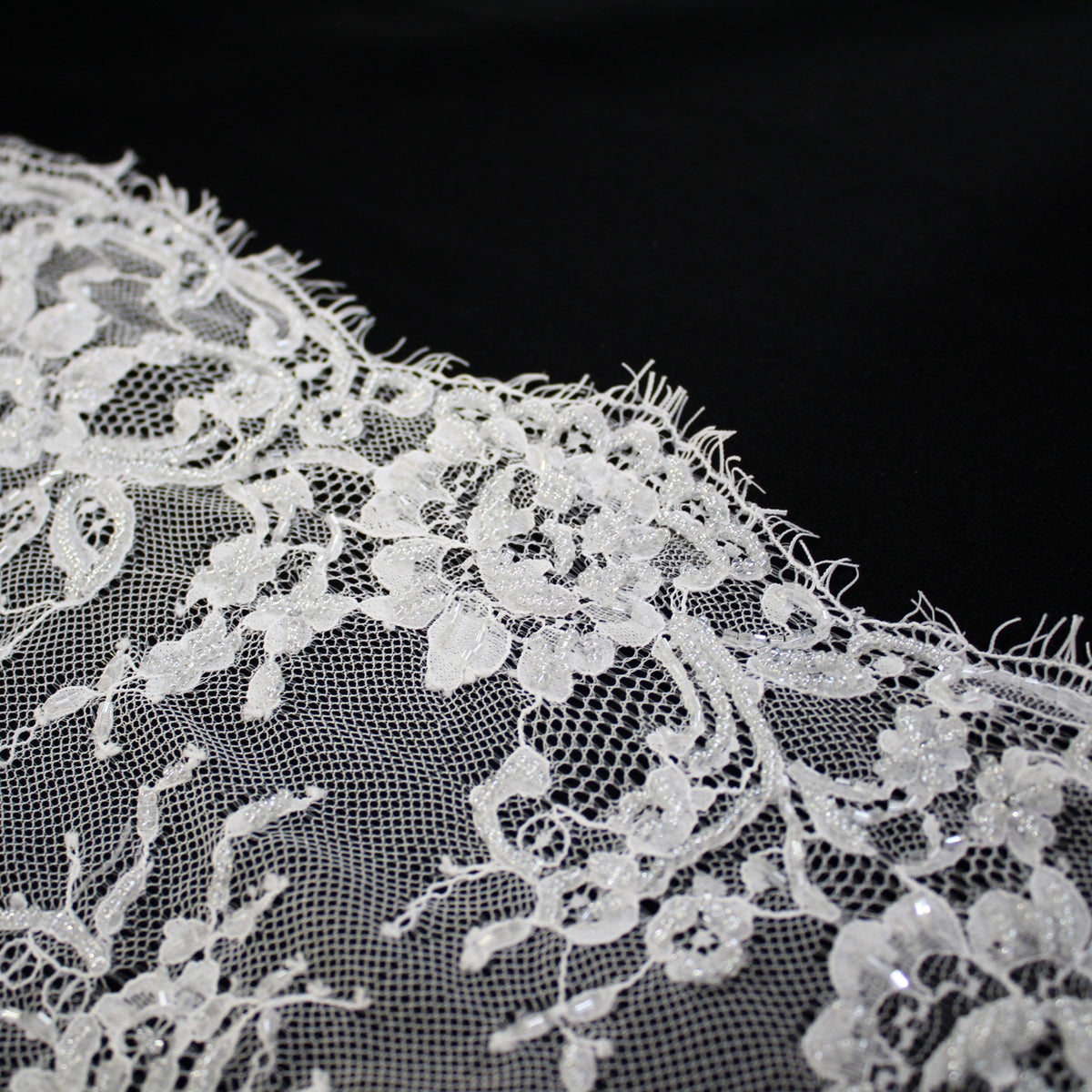 Haute Couture Lace | Bridal Embroidered Lace with Seed Beads, Sequins, Horizontal Zig-Zag Floral Bands & Double Border | FRI4308