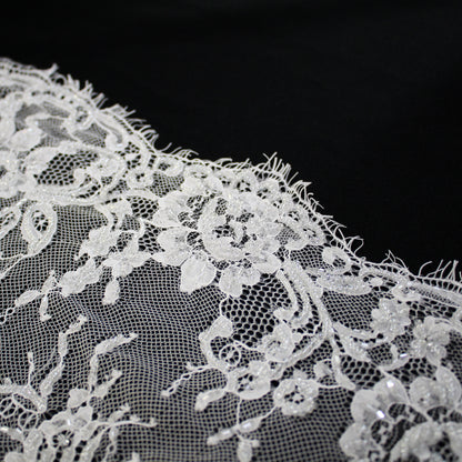 Haute Couture Lace | Bridal Embroidered Lace with Seed Beads, Sequins, Horizontal Zig-Zag Floral Bands & Double Border | FRI4308