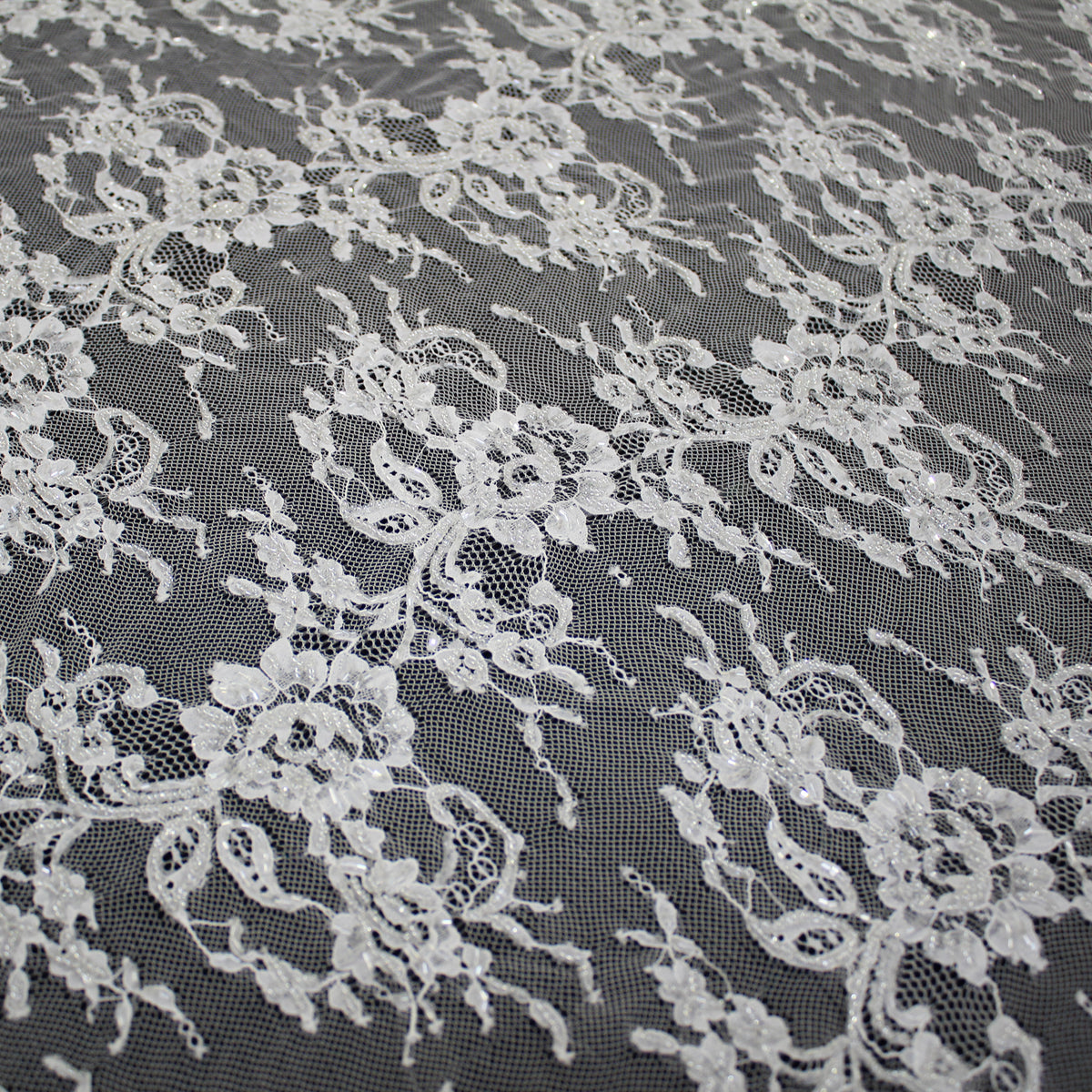 Haute Couture Lace | Bridal Embroidered Lace with Seed Beads, Sequins, Horizontal Zig-Zag Floral Bands & Double Border | FRI4308