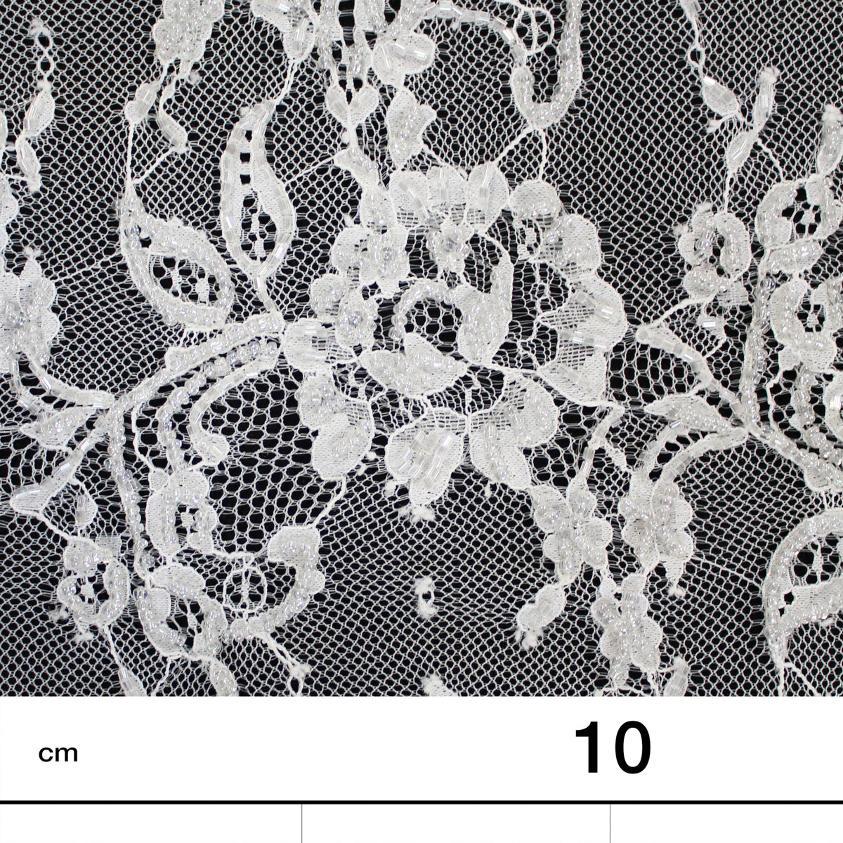 Haute Couture Lace | Bridal Embroidered Lace with Seed Beads, Sequins, Horizontal Zig-Zag Floral Bands & Double Border | FRI4308