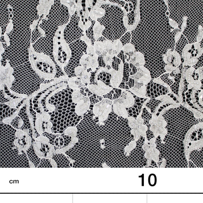Haute Couture Lace | Bridal Embroidered Lace with Seed Beads, Sequins, Horizontal Zig-Zag Floral Bands & Double Border | FRI4308