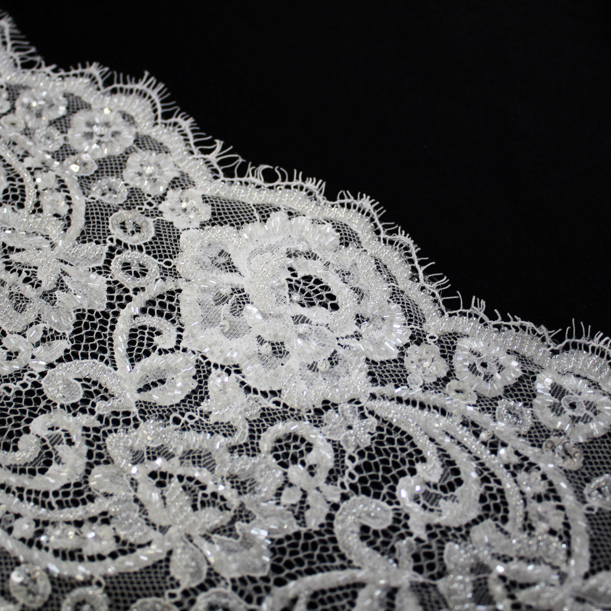 Haute Couture Lace | Bridal Embroidered Lace with Seed Beads, Sequins, Floral Motifs, Horizontal Gradient Stripes & Double Border | FRI2563