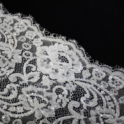 Haute Couture Lace | Bridal Embroidered Lace with Seed Beads, Sequins, Floral Motifs, Horizontal Gradient Stripes & Double Border | FRI2563